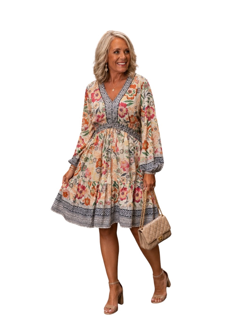 Kaktus Floral Long-Sleeve Cotton A-Line Dress Size Large
